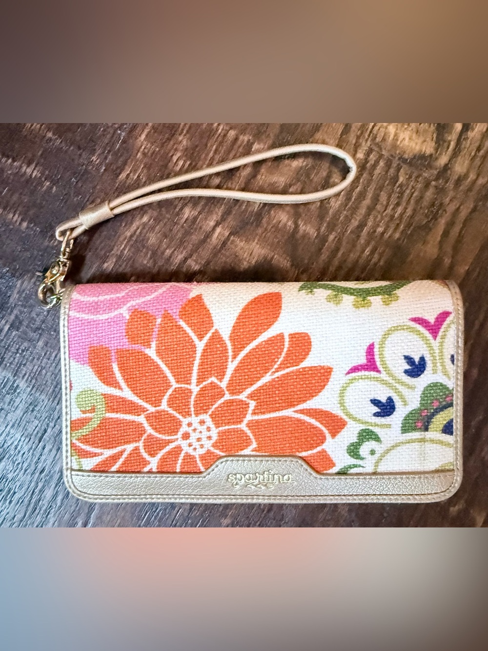 Spartina 449 Floral Canvas Wristlet in Orange and Cream with Gold **NEVER USED**
